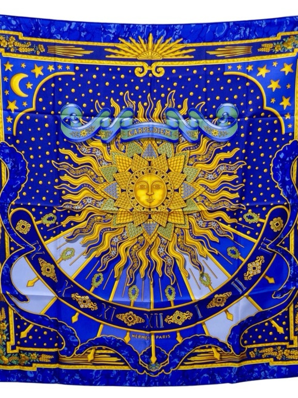 Hermes Blue and Gold Sun Motif Silk Scarf - Carpe Diem Carre 90 - Never Worn